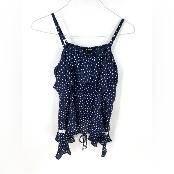 A. Byer Navy Polka Dot Off the Shoulder Long Sleeve Blouse Size Large - Picture 9 of 14